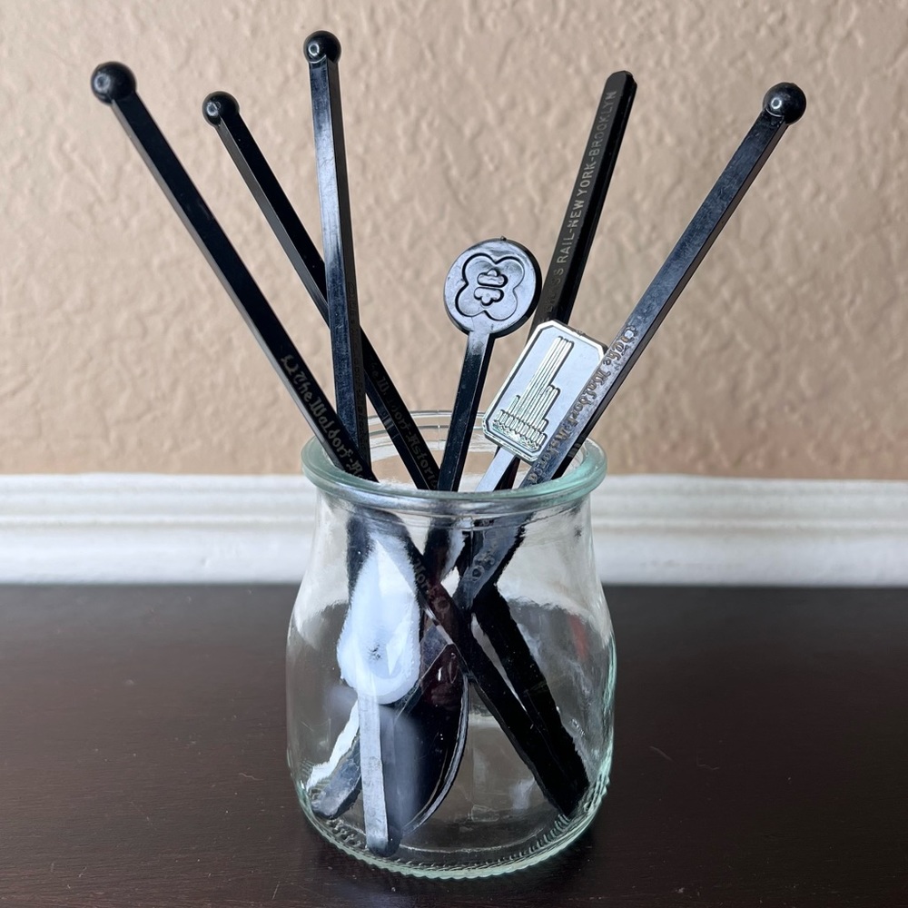 Vintage MCM Black & Silver Swizzle Sticks, Instant Collection, Cocktail Stirrer